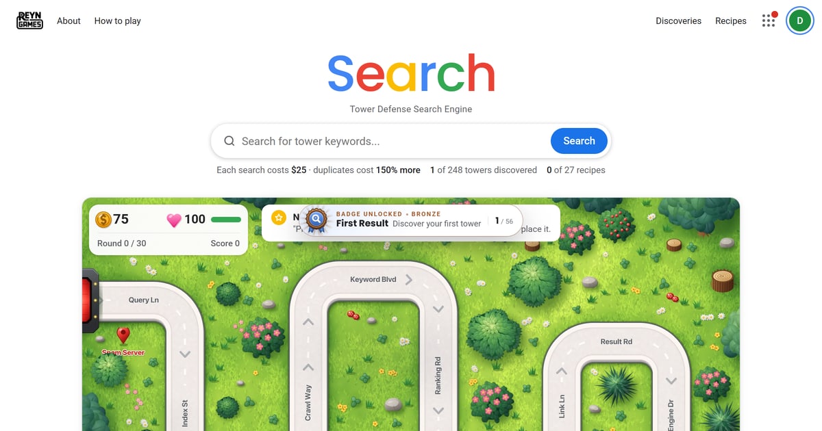 Search Defender: a search page whose results are a tower defense map
